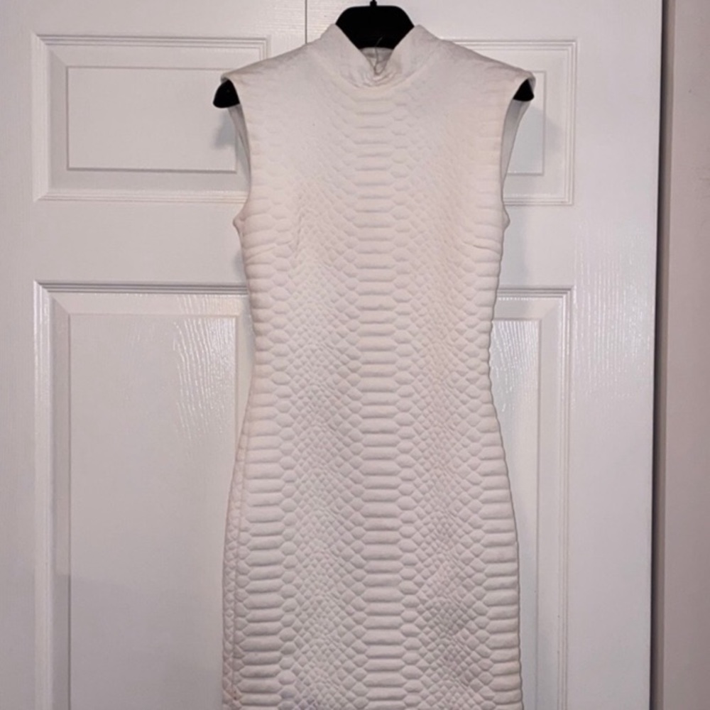 Akira white high neckline crocodile textured dress